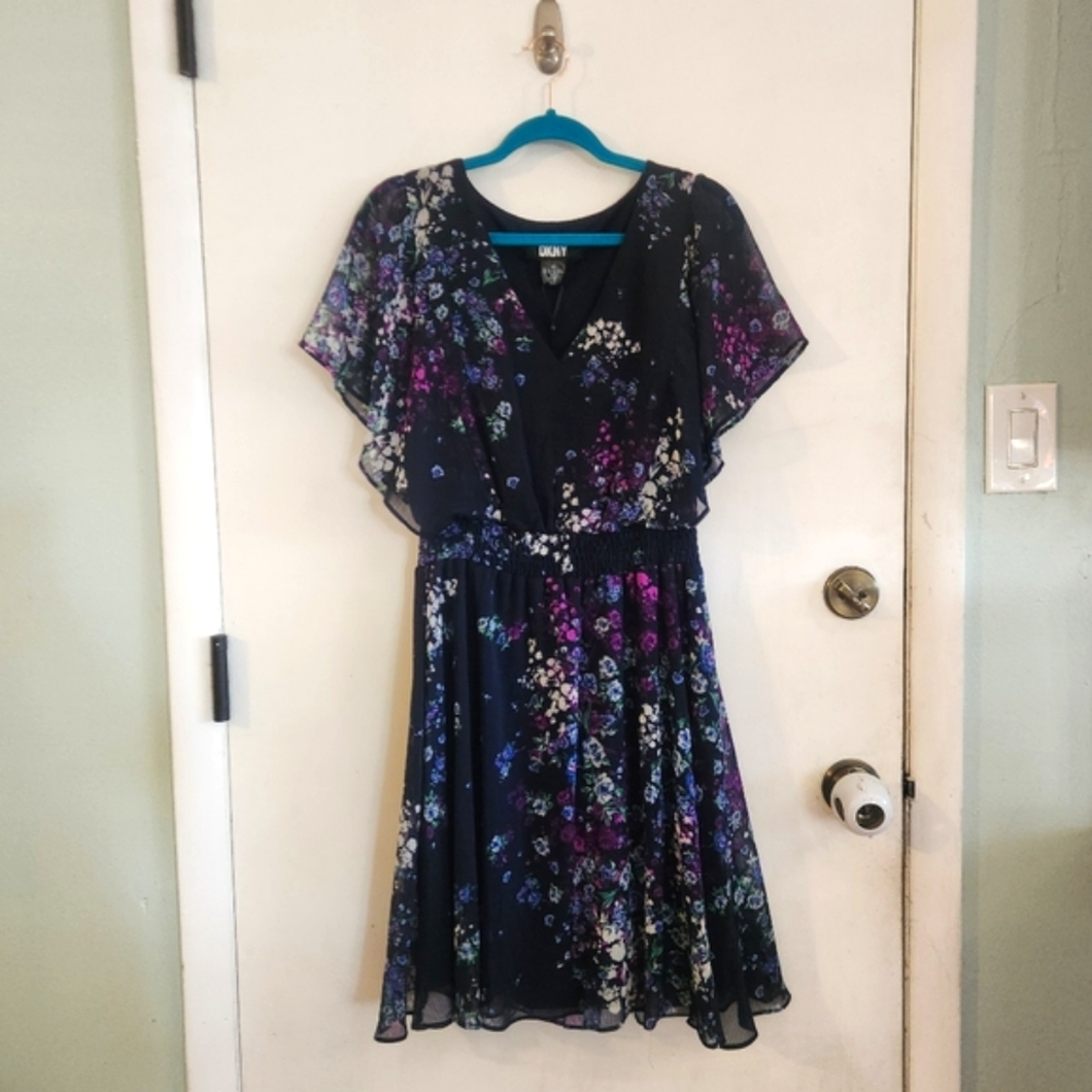 DKNY Black Floral Midi Dress with Purple & Blue Accents